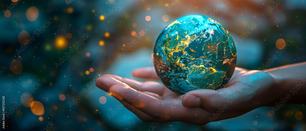 A hand gently holding a glowing miniature Earth, symbolizing unity, environmental consciousness, and global connection amidst a dreamy backdrop. A hand gently holding a glowing miniature Earth, symbolizing unity, environmental consciousness, and global connection amidst a dreamy backdrop.