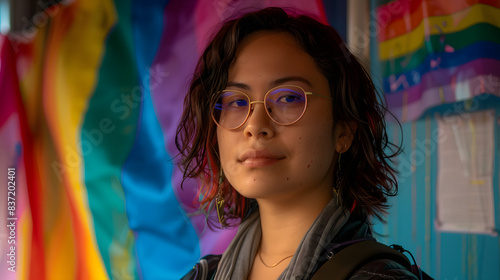 Self confident trans person with lgbt flag on background.