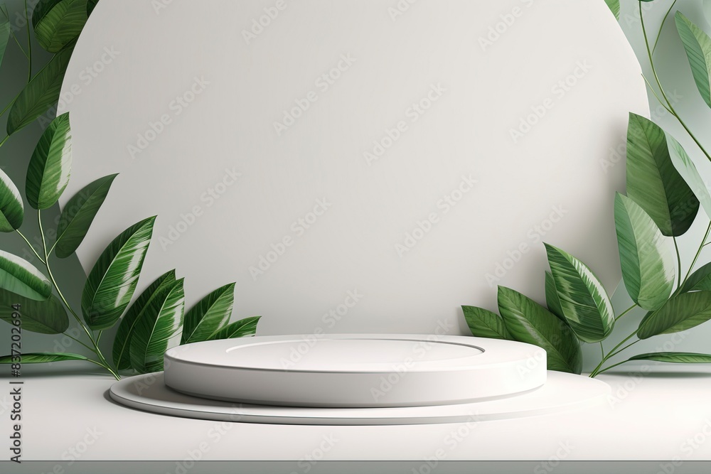 White marble podium and leaves for your product with a natural background, generative ai White marble podium and leaves for your product with a natural background, generative ai