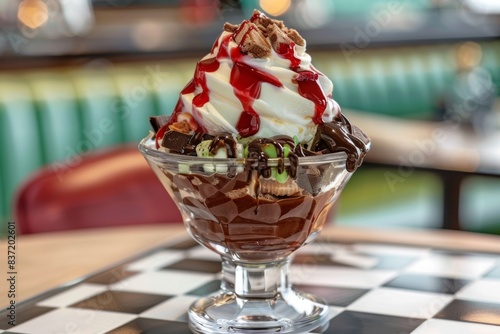 Decadent ice cream sundae with chocolate and strawberry sauce