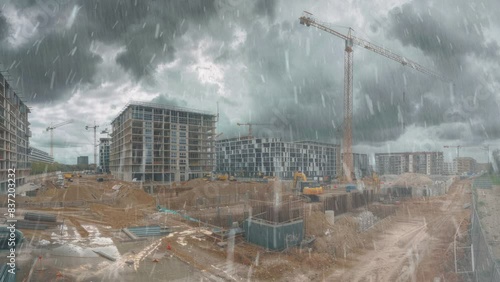 Heavy rain at a construction site
