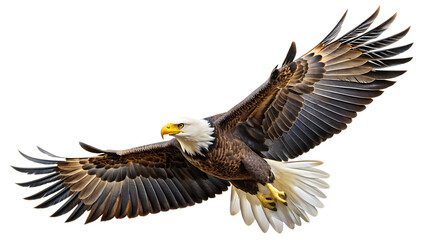  A spread-wing bald eagle soars in the sky. Isolated on white background. AI GENERATED