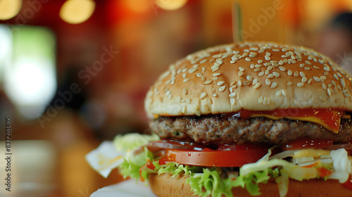 A close-up photo captures a hamburger in a fast food restaurant, showcasing the layers of ingredients and the appetizing presentation