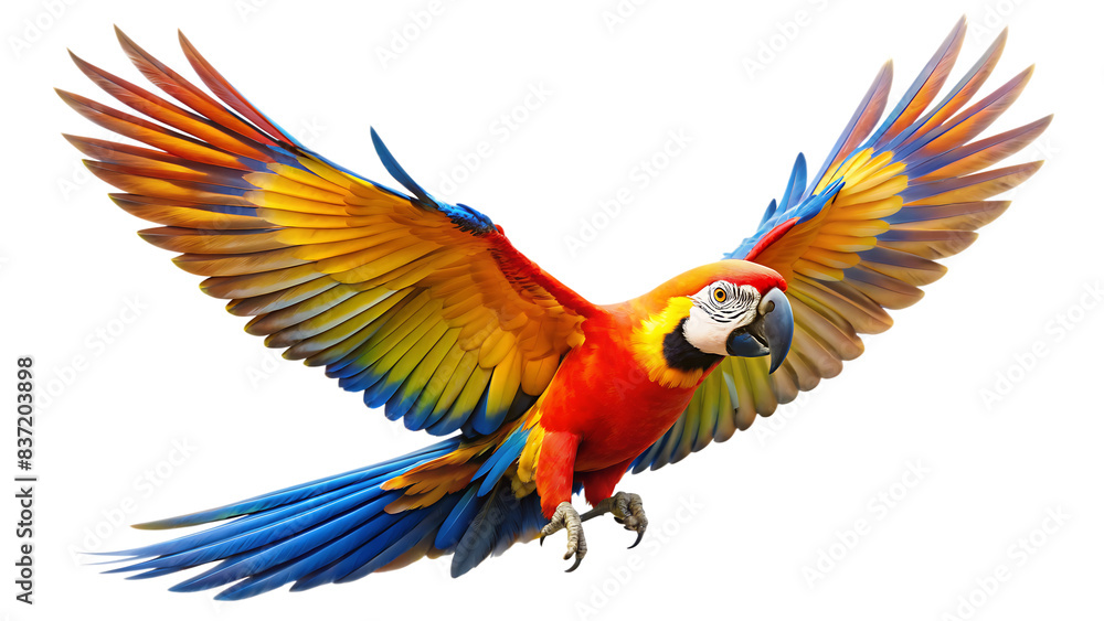 Obraz premium A spread-wing macrow soars in the sky. Isolated on white background. AI GENERATED