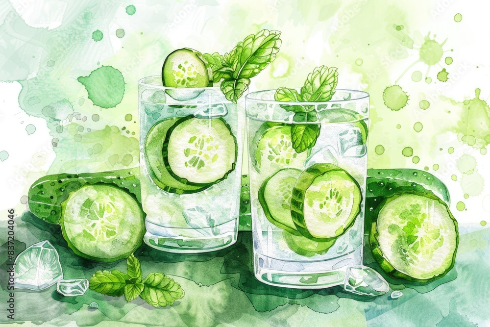 Refreshing Cucumber Mint Cocktail. Hand Drawn Watercolor Ingredients for Summer Drink Refreshing Cucumber Mint Cocktail. Hand Drawn Watercolor Ingredients for Summer Drink