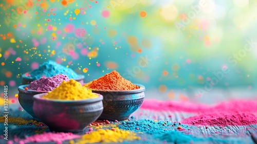 Brightly colored holi powder in bowls on wooden table, photo