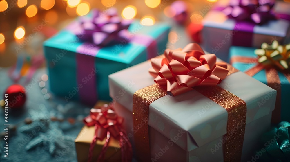 Many colorful gift boxes with bows and ribbons, Many colorful gift boxes with bows and ribbons,