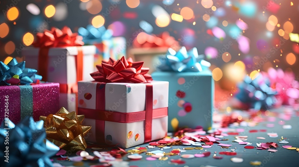 Many colorful gift boxes with ribbons and bows arranged neatly on a table Many colorful gift boxes with ribbons and bows arranged neatly on a table