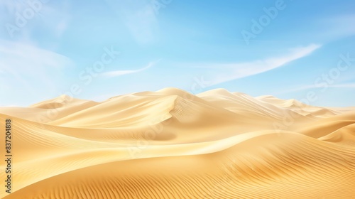 Vast desert landscape with rolling sand dunes under a clear blue sky.