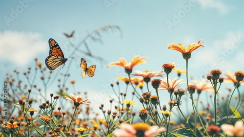 Monarch butterflies flying over wildflowers in sunny field