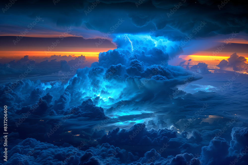 Blue Jet lightning phenomenon in the upper atmosphere, powerful blue-colored lightning jet shooting upwards from the top of a tall cumulonimbus cloud.