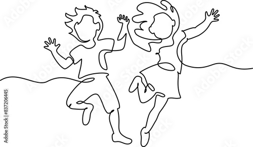 Happy jumping children holding hands. Continuous one line drawing