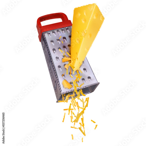 Piece of yellow cheese grated on a manual grater. Vector illustration isolated on white background.