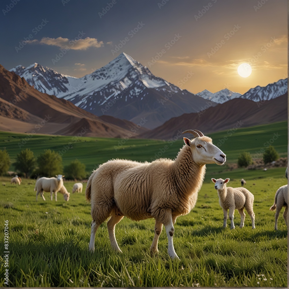 Fototapeta premium sheep in the mountains Eid al adha animals illustration with sun rising on hills background bakra eid design on green field grass 