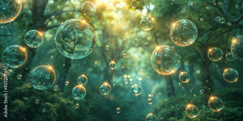 Oxygen bubbles floating under the tree. An illustration of a forest that produces oxygen for the earth. Beautiful and cool forest.