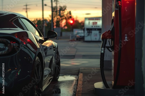 Wallpaper Mural Evening refueling at gas station with dark gray modern car profile and red gas tank Torontodigital.ca