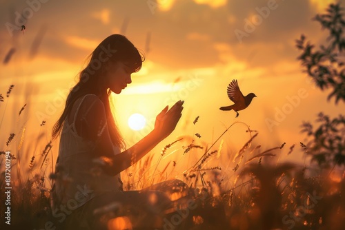 Woman praying and freeing birds at sunset, letting birds into nature, hope and freedom concept