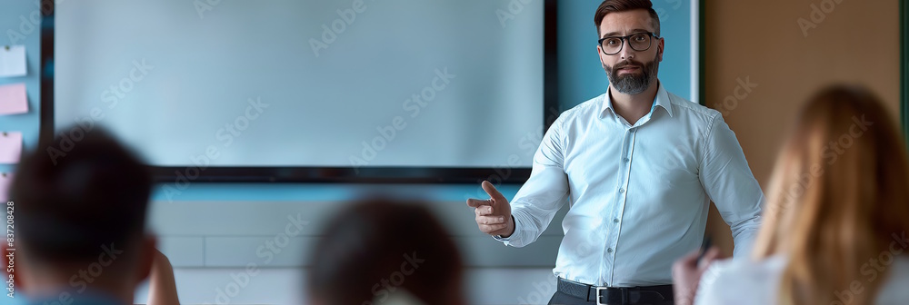 Male teacher giving presentation in classroom. Concept of education, teaching, and professionalism Male teacher giving presentation in classroom. Concept of education, teaching, and professionalism