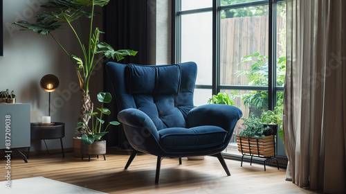 Dark blue armchair in a spacious room. Home interior.Modern living room. 