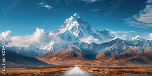majestic mountain with snowy peaks and a clear blue sky, with a road leading towards it photo