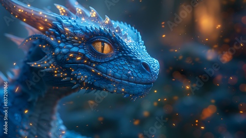 A mystical dragon with glowing fireflies on a solid bright sapphire background