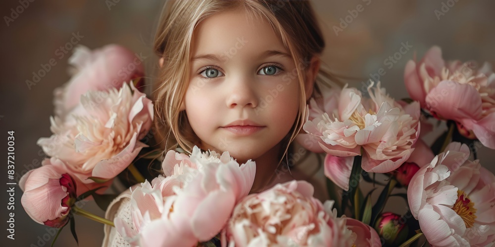 Little girl holding bouquet of peonies Little girl holding bouquet of peonies