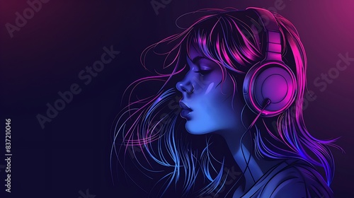 A vector illustration of an anime girl wearing headphones against a dark background in the style of lofi art with gradient color blends and pastel colors with a neon glow and low saturation colors in 