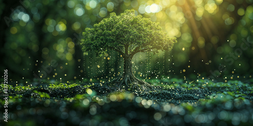 A tree with glowing molecules bound together. Illustration of a tree that binds carbon dioxide to become the source of life on earth. Forest background in blur style. photo