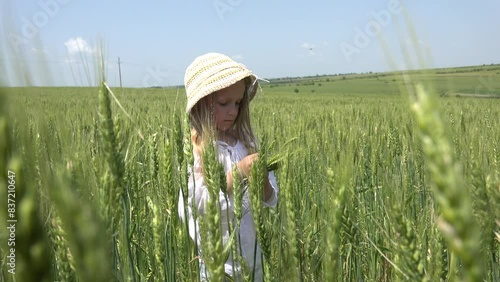 Farmer Girl in Wheat Field, Child Playing in Agriculture Harvest, Smiling Kid Face photo