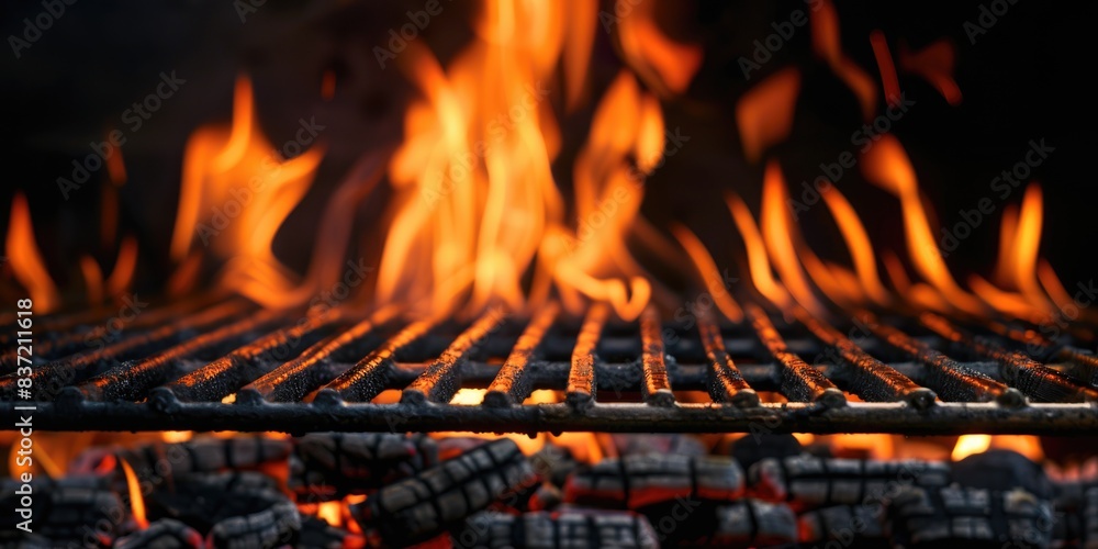 Barbecue Grill With Fire Flames - Empty Fire Grid On Black Background Barbecue Grill With Fire Flames - Empty Fire Grid On Black Background