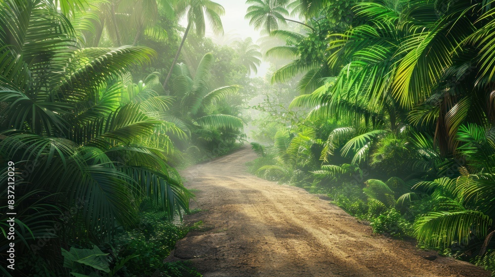 Naklejka premium Dirt road in the middle of a tropical forest.