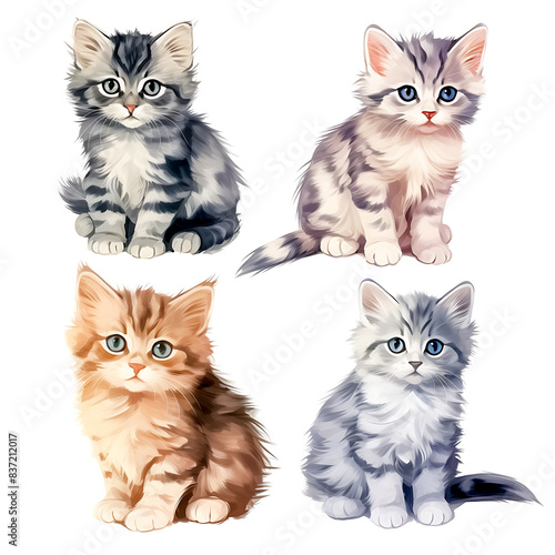 Adorable Kittens Illustration - Four Cute and Playful Kittens with Different Fur Patterns and Colors, Perfect for Pet Lovers, Animal-Themed Designs, and Children's Illustrations