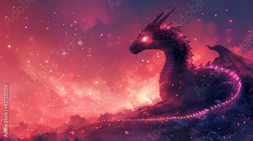 A mystical dragon with glowing stars on a solid bright fuchsia pink background © adobe