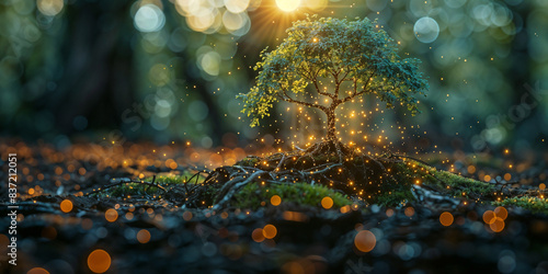 A tree with glowing molecules bound together. Illustration of a tree that binds carbon dioxide to become the source of life on earth. Forest background in blur style. © Novi