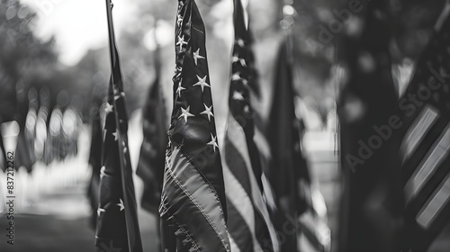 An illustration of the flags in black and white with writing space emphasizing the graveness and enduring reverence for the deceased on Memorial Day photo