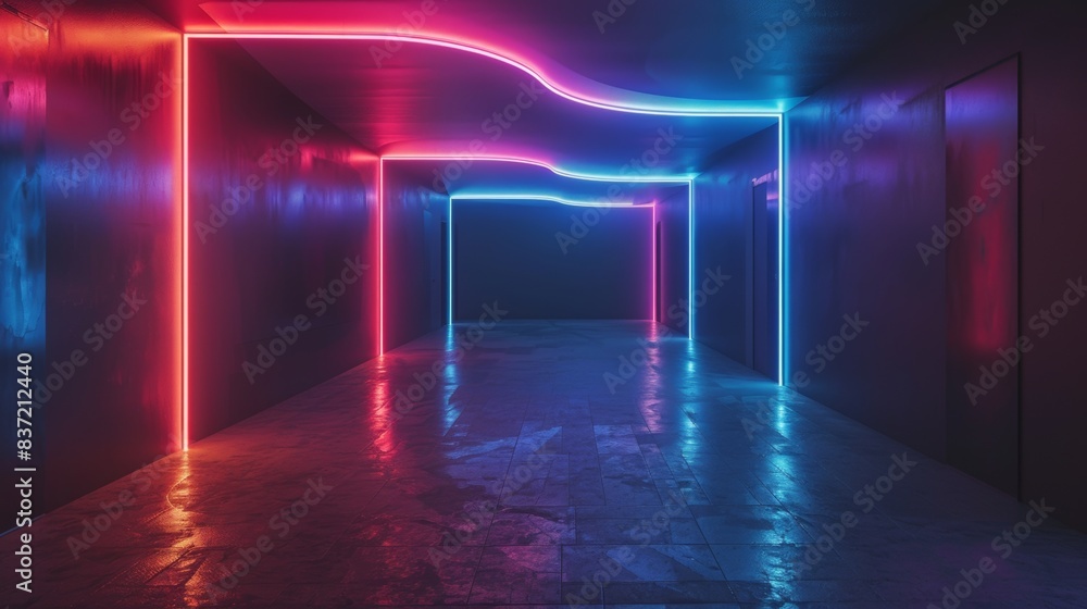 Dark corridor with neon lights. Empty room. Dark corridor with neon lights. Empty room.