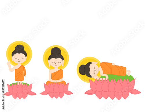 Happy vesak day.Buddha birth, enlighten and nirvana with lotus.Purnima.Religion and culture.Buddhist and Buddhism.Makha, Visakha and Asarnha Bucha.Monk and temple.Cartoon vector illustration.