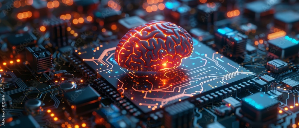 Fototapeta premium Futuristic concept illustration depicting artificial intelligence, with a glowing brain on a microchip, representing advanced technology.