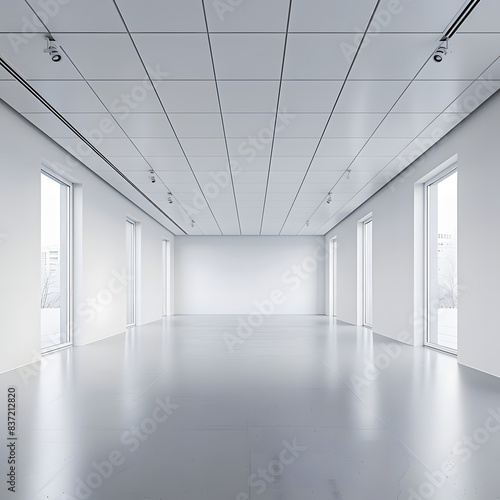 a large room with a white ceiling and white walls isolated on white background, studio photography, png © King