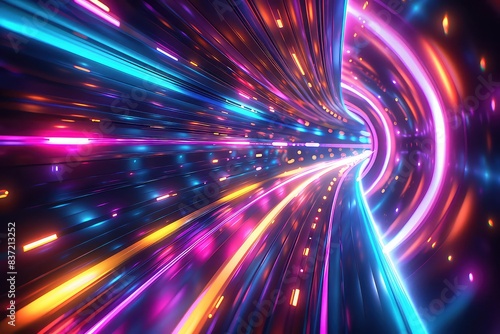 Abstract Speed light trails effect path, fast moving neon futuristic technology background, future virtual reality, motion effect, curve of neon bright, highway speed light © PixelProvisions