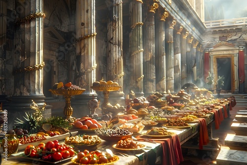 Low-angle view of an ancient Roman feast, lavishly decorated banquet table with rich foods, digital oil painting style, warm innovative lighting