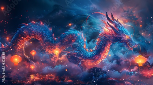 A mystical dragon with glowing lanterns on a solid bright lavender blue background