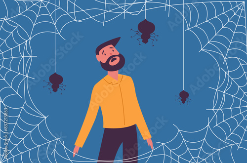 People afraid spiders arachnophobia concept. Vector flat graphic design illustration