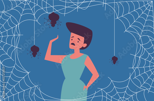 People afraid spiders arachnophobia concept. Vector flat graphic design illustration