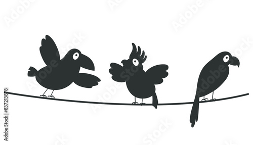 Black shadow birds sitting on wire concept. Vector flat graphic design illustration