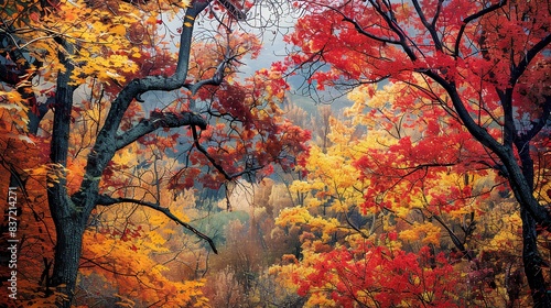 A picturesque scene with trees adorned in vibrant autumn foliage, showcasing a stunning palette of red, orange, and yellow leaves.