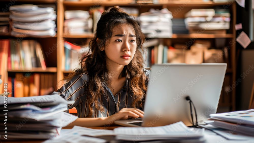 A young woman working on a laptop, surrounded by piles of documents and books. She looks stressed and focused in a modern office or home office setting. A young woman working on a laptop, surrounded by piles of documents and books. She looks stressed and focused in a modern office or home office setting.