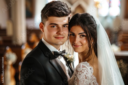 Beautiful bride and groom on their wedding day in the church, looking at camera.