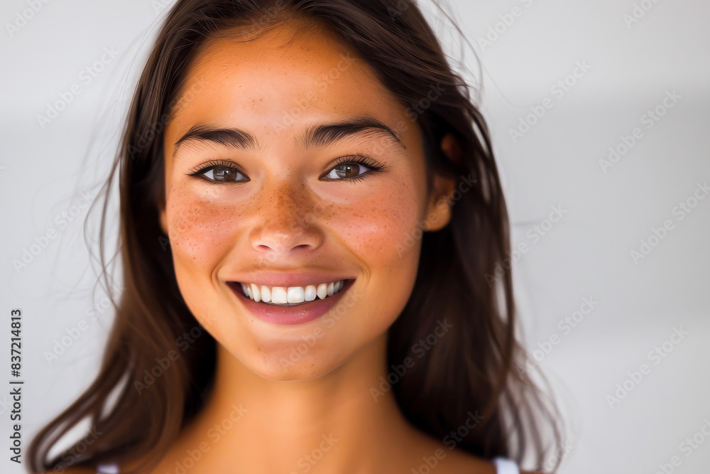 A close-up portrait of a young woman with freckles and a radiant smile, exuding natural beauty and happiness. White background. A close-up portrait of a young woman with freckles and a radiant smile, exuding natural beauty and happiness. White background.