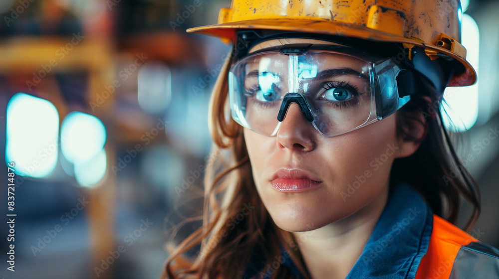 Portrait of a worker, person, female, in helmet Portrait of a worker, person, female, in helmet
